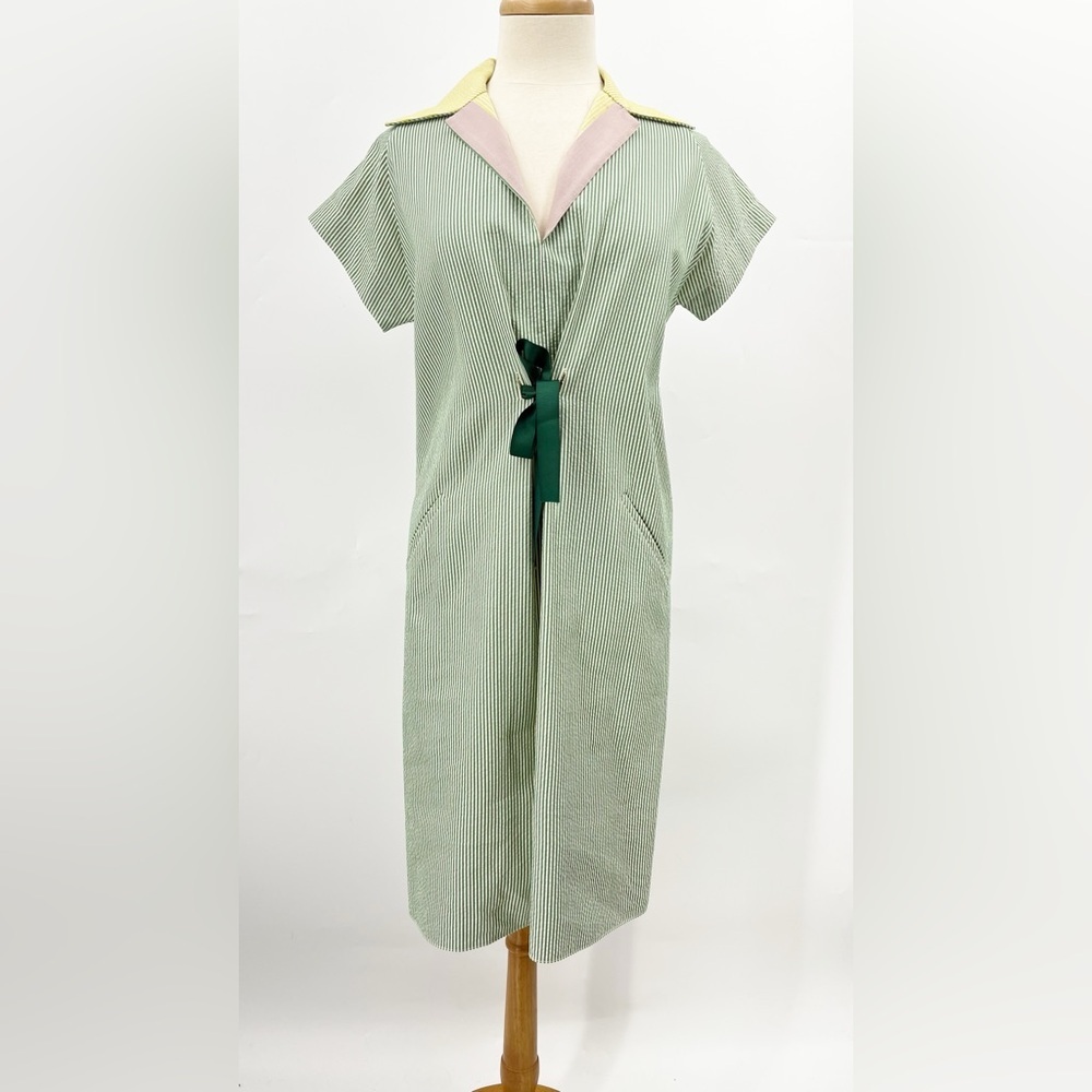 Shamask 0 US2/4 Designer seersucker green Dress 0436 Collar Pockets colorblock - Picture 2 of 11